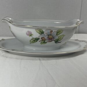 Roselyn China Dogwood Gravy Boat w/Attach Plate Vintage Discontinued Circa 1959